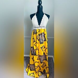 Fashion Nova Yellow Black Cream Halter Crochet Print Maxi Dress Size XL
